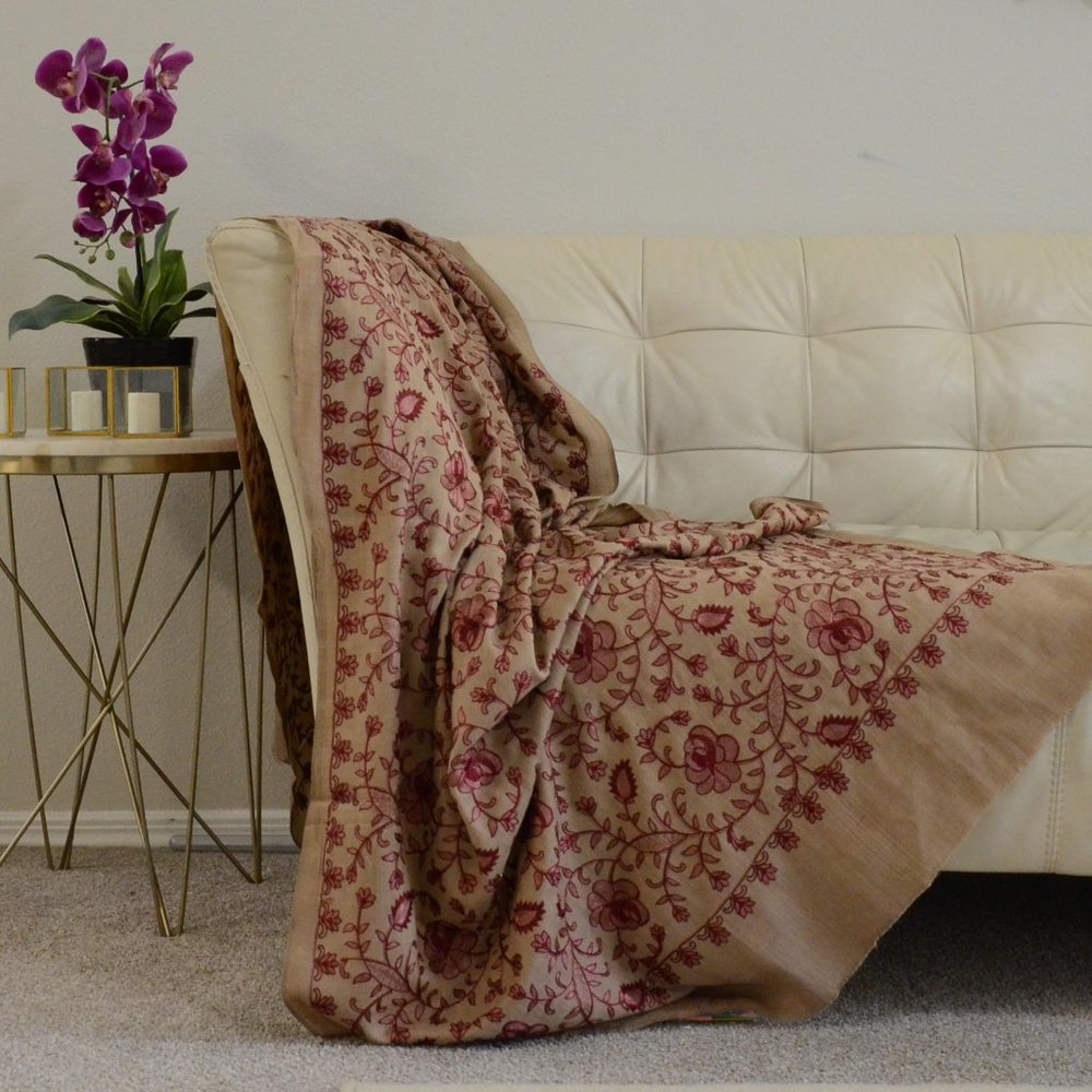NEW Shawl, Beige, Indian Pashmina Wool, Full Embroidered Red Flower &Vine, 88x43
